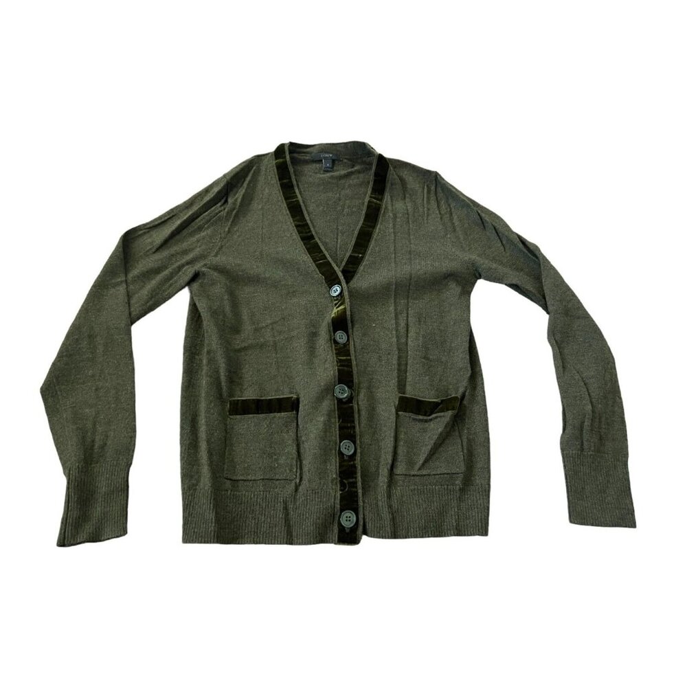 J. Crew Cardigan Small Green Merino Wool Blend Button Down Sweater Velvet Trim - Picture 1 of 6